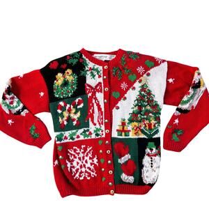 Vtg 1992 The Eagles Eye Hand Knit Christmas Sweater Cardigan Medium